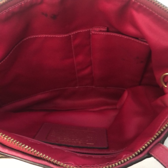 Coach Khaki Signature Stripe Patent Shoulder Tote Red Bag Handbag 12429 - Picture 10 of 16